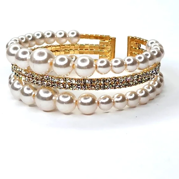 Multi-layer Pearl & Rhinestone Crystal Wrap Stretch Open Cuff Women's Bracelet - Picture 2 of 5